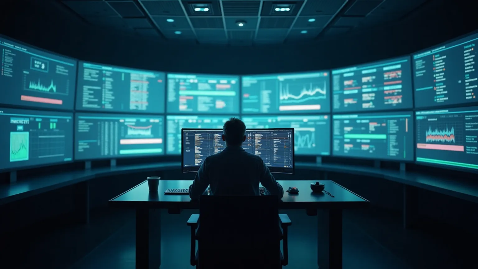 A dark mission control room with a wall of glowing dashboards, one person at a desk in front of them