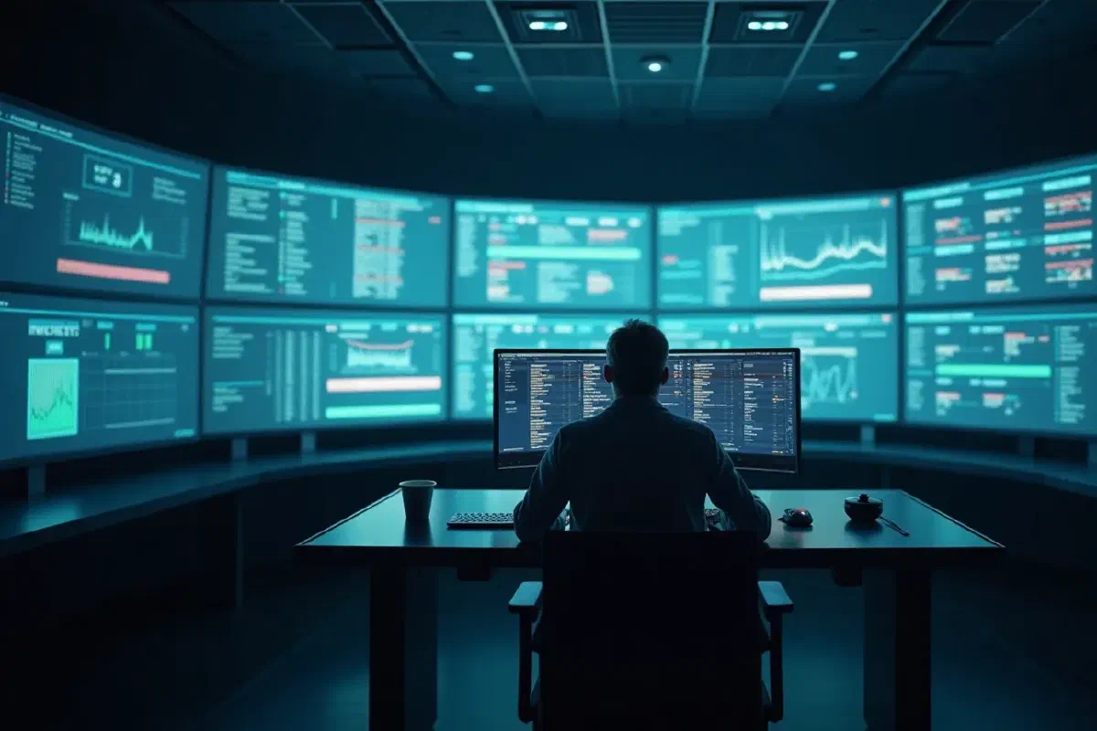 A dark mission control room with a wall of glowing dashboards, one person at a desk in front of them