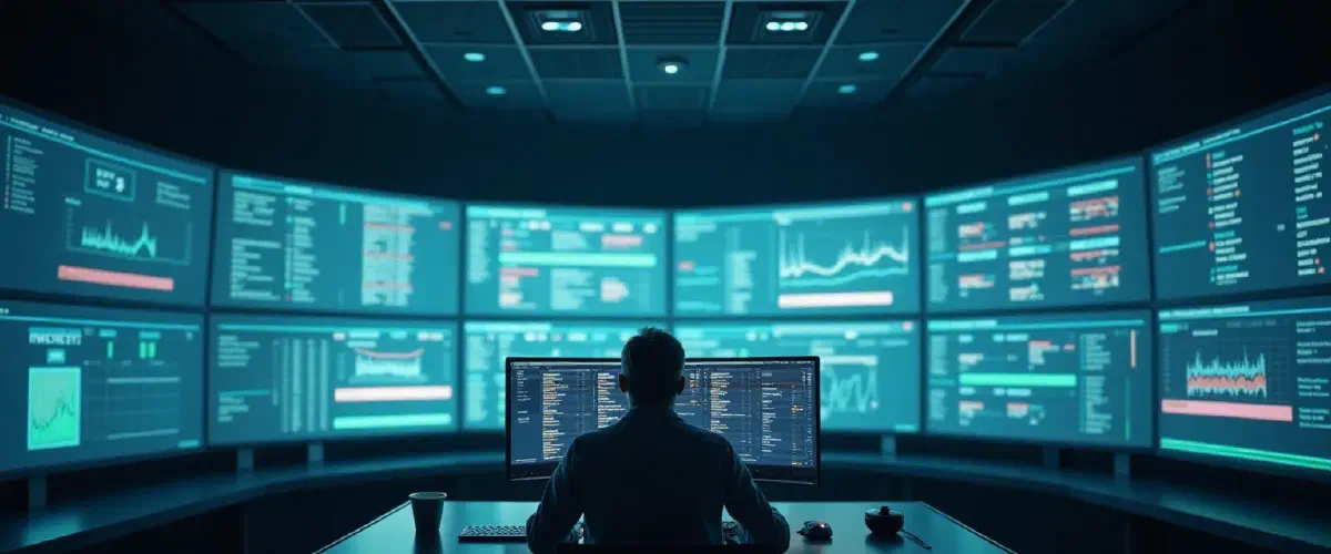 A dark mission control room with a wall of glowing dashboards, one person at a desk in front of them