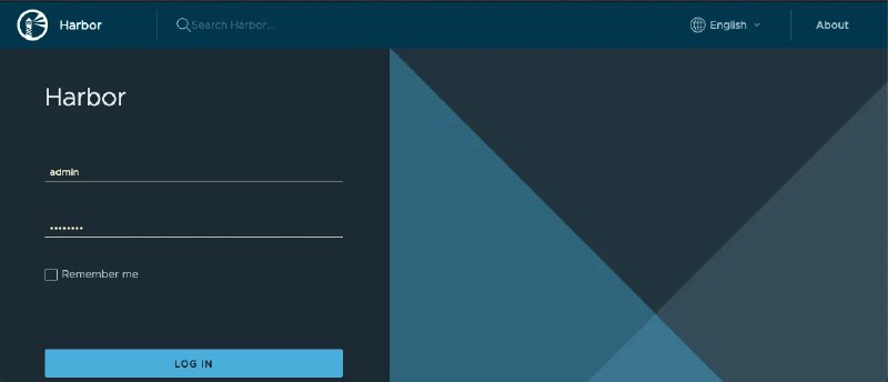 Harbor Container Registry login interface showing the administrator authentication page with username and password fields