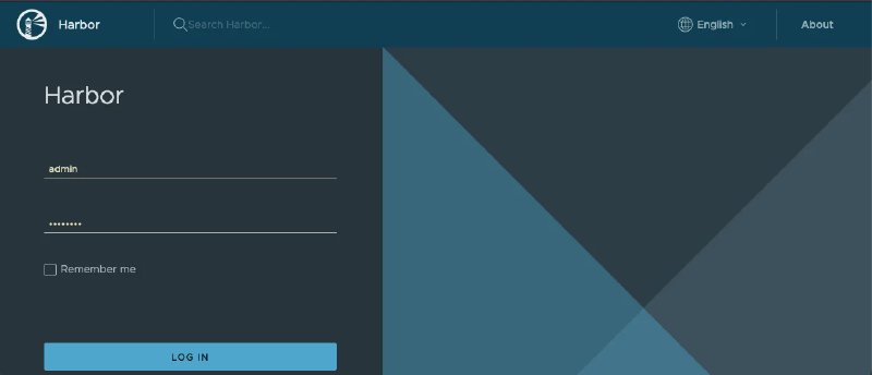 Harbor Container Registry login interface showing the administrator authentication page with username and password fields