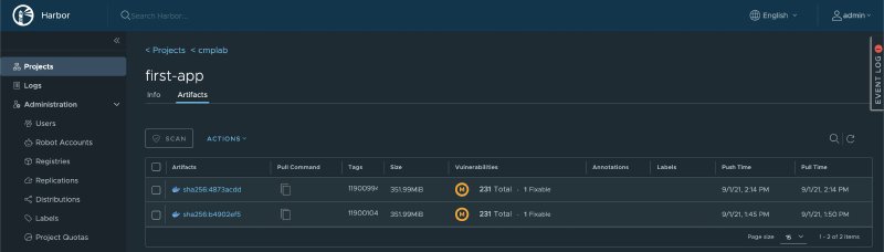 Harbor Container Registry security scan results displaying vulnerability assessment for the buildpack-generated container image