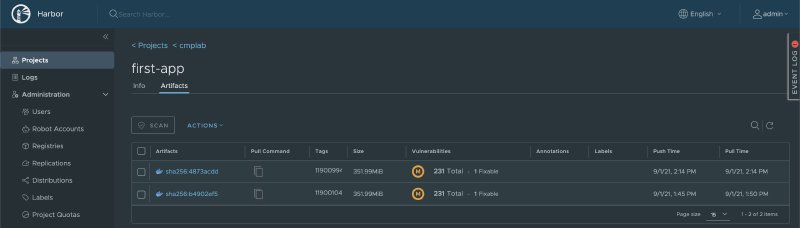 Harbor Container Registry security scan results displaying vulnerability assessment for the buildpack-generated container image