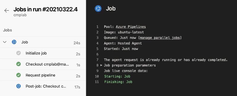 Azure DevOps pipeline dashboard displaying successful execution of Ubuntu container running integration script to trigger VMware CodeStream