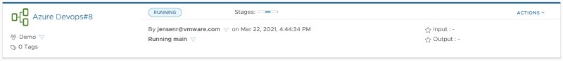 VMware CodeStream pipeline execution view showing successful automated trigger from Azure DevOps integration via REST API