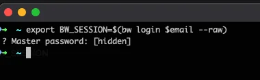 Terminal window displaying the Bitwarden CLI login process with the session key export command being executed