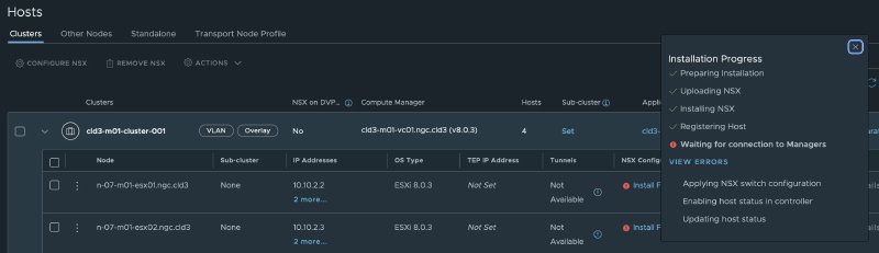 NSX Manager Transport Node Collection showing “Waiting for connection to managers” error status