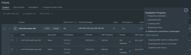 NSX Manager Transport Node Collection showing “Waiting for connection to managers” error status