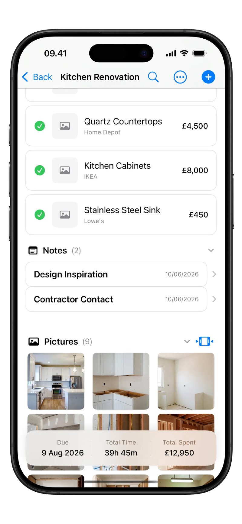 Items list with saved products, stores and prices, plus notes for design inspiration and contractor contact