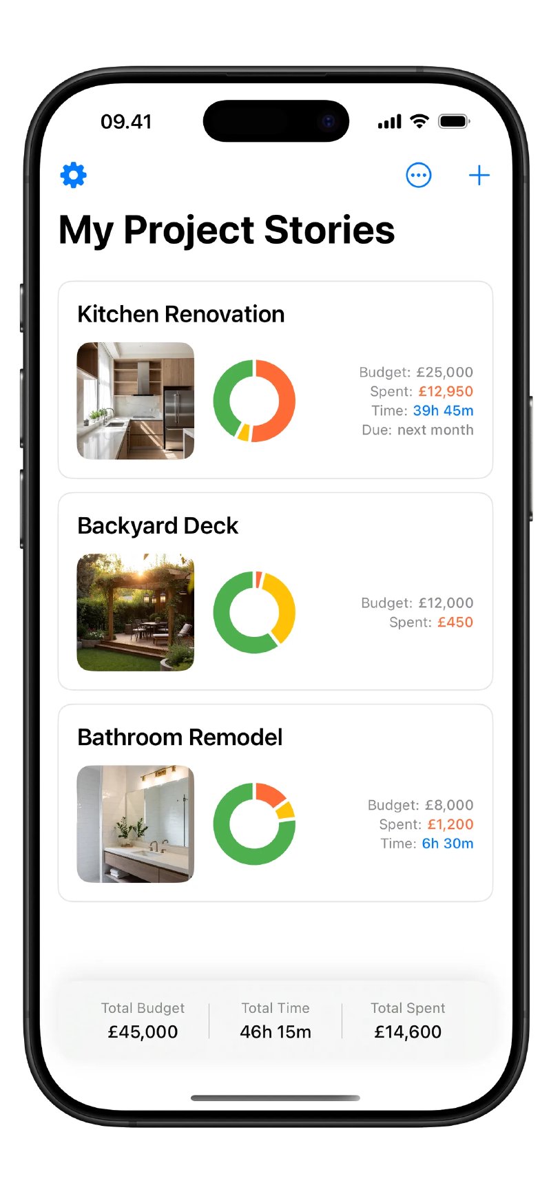 Home Stories project list showing three home renovation projects with budget rings and total spend