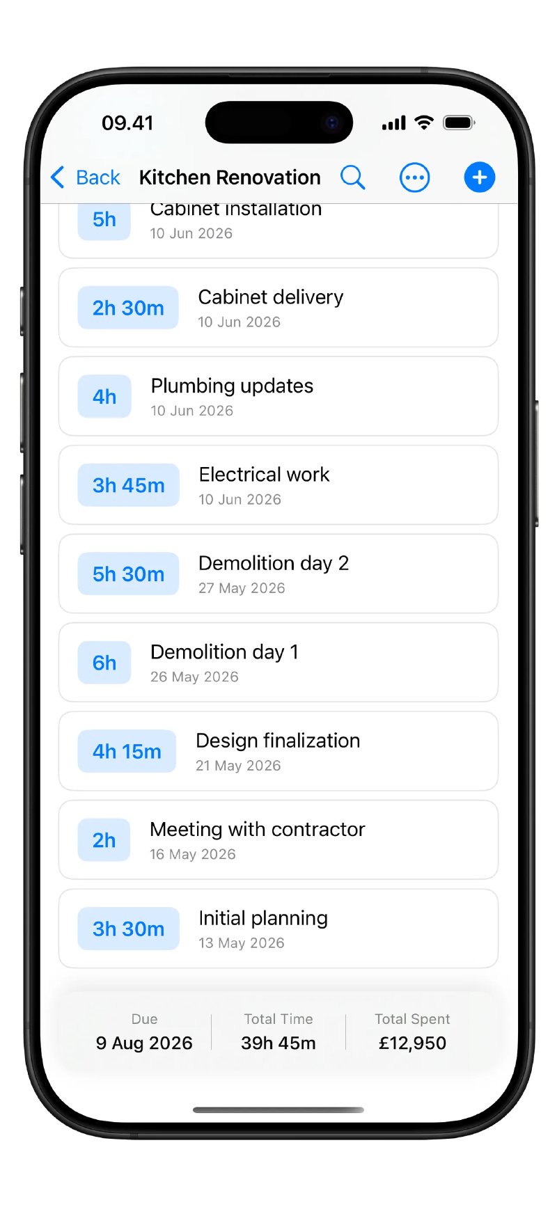 Time log showing hours logged against each stage of a renovation, from initial planning to cabinet installation
